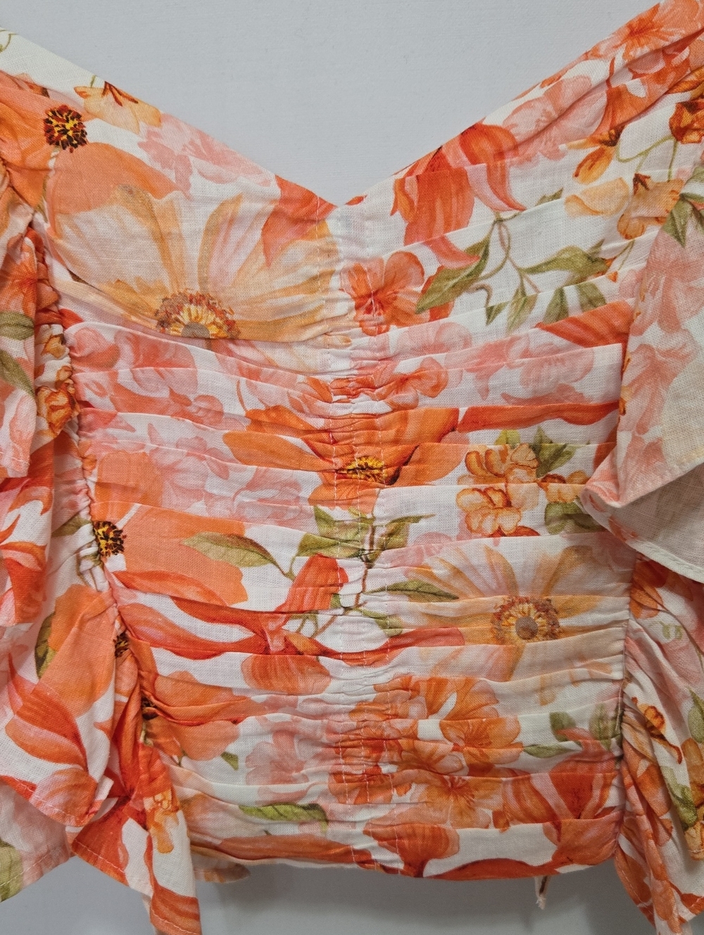 H&M Linen Blend Floral Cropped Blouse Top Size L Ruched Resort Ruffle Flutter - Picture 7 of 11